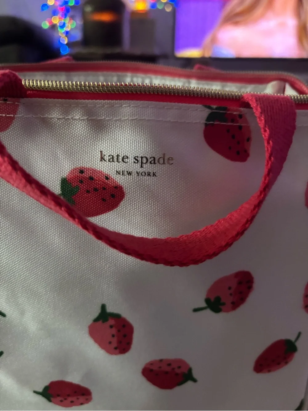 kate spade White Strawberry Print Mini Tote with Pink Handles